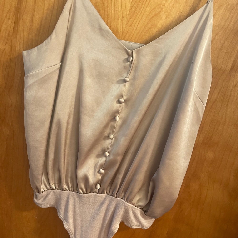 Elegant Beige Satin Button-Up Bodysuit